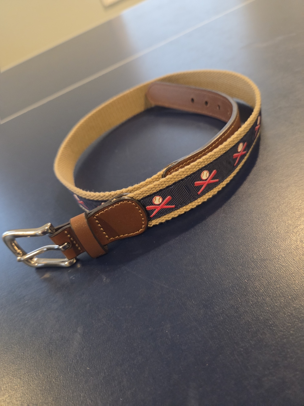 Boy's L (30-32) Navy and Tan Embroidered Web Baseball Belt